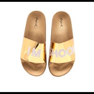 “IM SHOOK” Metallic Gold Slip Ons